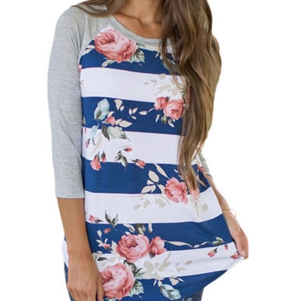 Boutique Blue White Bold Stripe Rose Floral Top